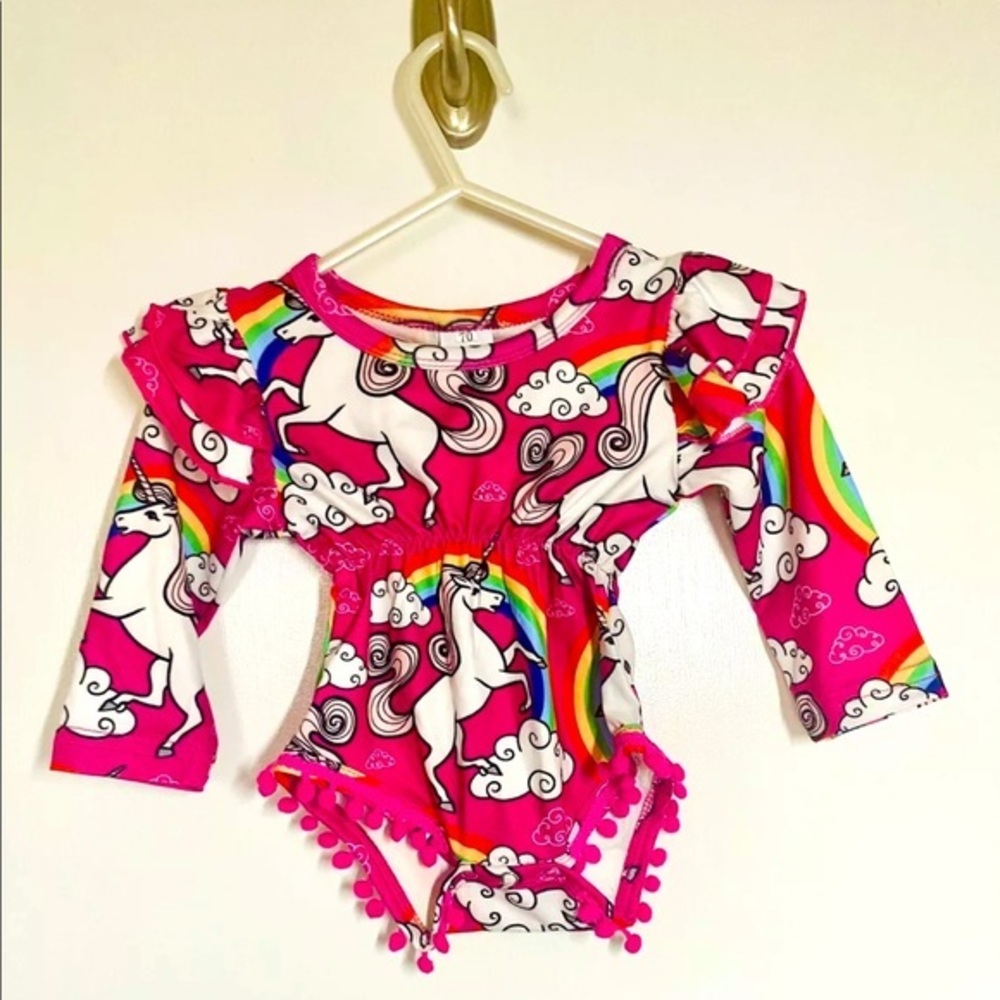 Boutique Baby Girl Unicorn Rainbow One Piece Romper Pink Pom Poms Size 6 Months